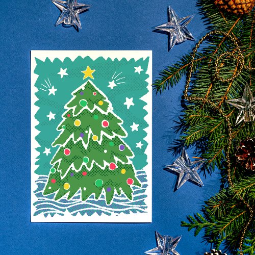 Colorful Retro Stamp Style Christmas Tree Holiday Card