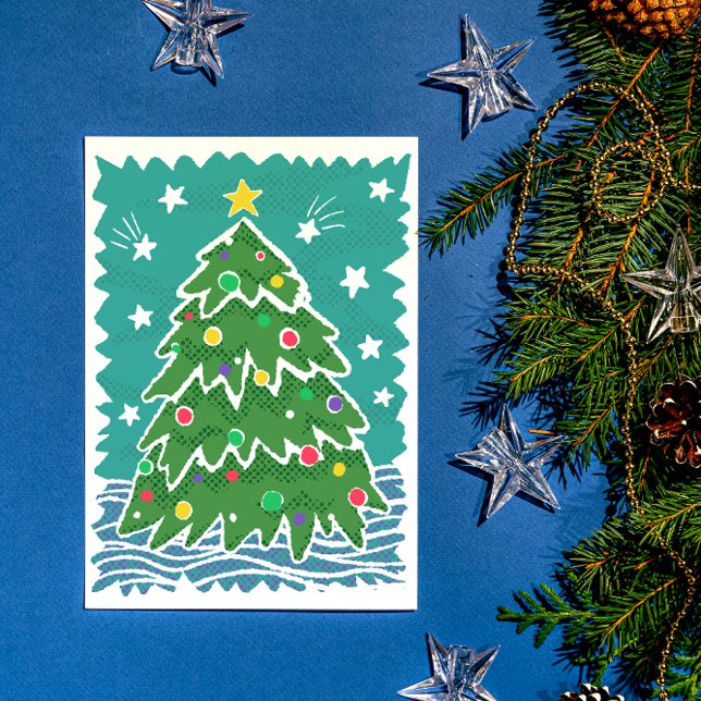 Colorful Retro Stamp Style Christmas Tree Holiday Card (holiday card with illustrated retro style Christmas tree and ornaments)