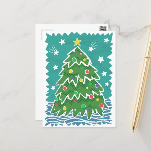 Colorful Retro Stamp Style Christmas Tree Holiday Postcard
