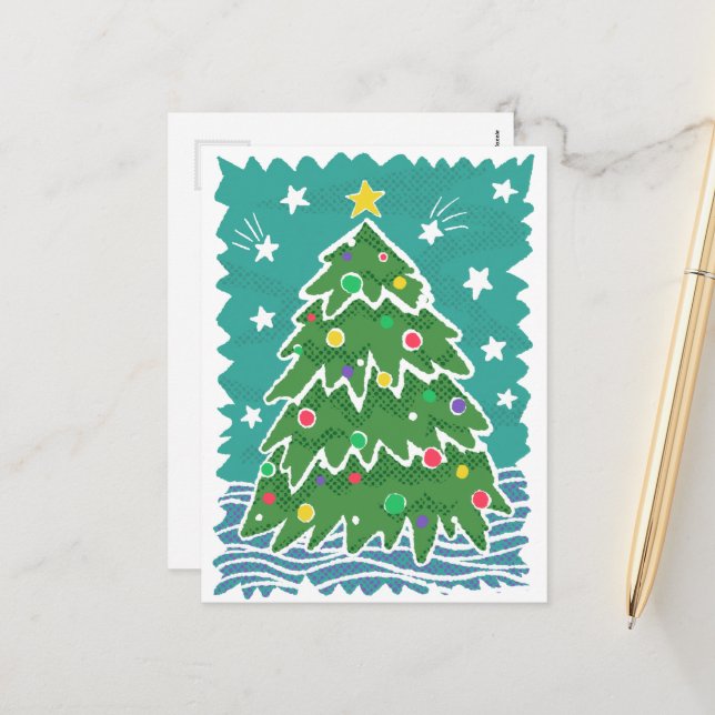 Colorful Retro Stamp Style Christmas Tree Holiday Postcard (Front/Back In Situ)