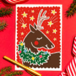 Colorful Retro Stamp Style Reindeer Holiday Card<br><div class="desc">Stand out from the holiday card stack with this cheerfully illustrated Christmas card featuring a happy reindeer wearing an ornament covered wreath around its neck against a starry red sky and has a charming retro flair and easy to personalize text and a photo on the back side.</div>