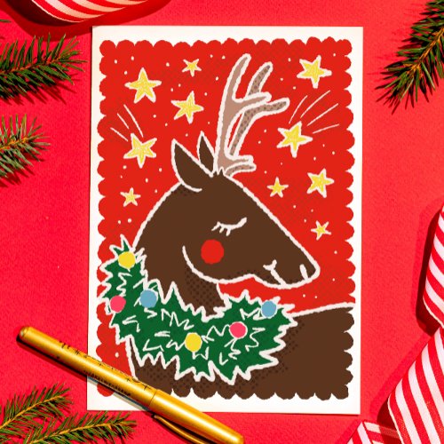 Colorful Retro Stamp Style Reindeer Holiday Card
