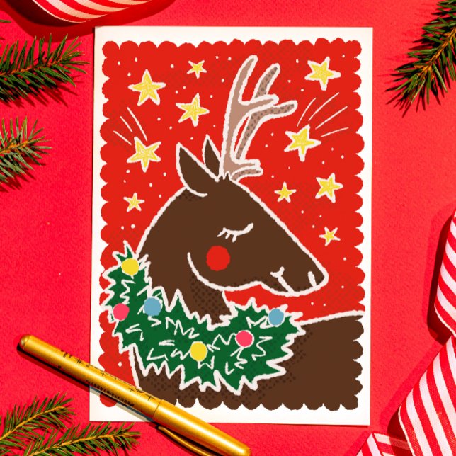 Colorful Retro Stamp Style Reindeer Holiday Card (flat holiday card with illustrated retro style Christmas reindeer with wreath around neck)