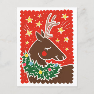Colorful Retro Stamp Style Reindeer Holiday Postcard