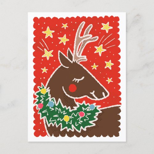 Colorful Retro Stamp Style Reindeer Holiday Postcard