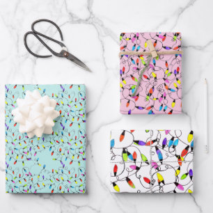 Colorful retro string lights wrapping paper sheets