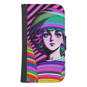 Colorful Retro Stripe Design With Female Face Galaxy S4 Wallet Case