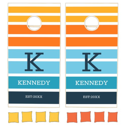 Colorful Retro Stripes Family Name Monogrammed Cornhole Set