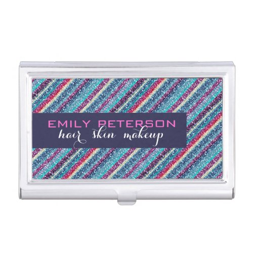 Colorful Retro Stripes Glitter Pattern 2 Blue Tint Business Card Case