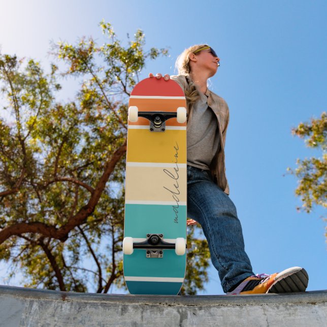 Colorful Retro Stripes Name  Skateboard (Outdoor 1)