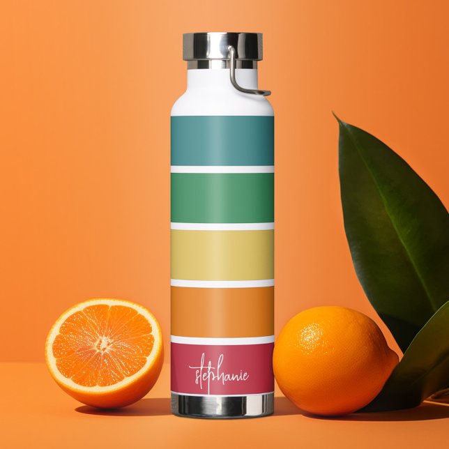 Colorful Retro Stripes - Rainbow - Script Name Wat Water Bottle (Personalized water bottle - custom name on huge colorful stripes)