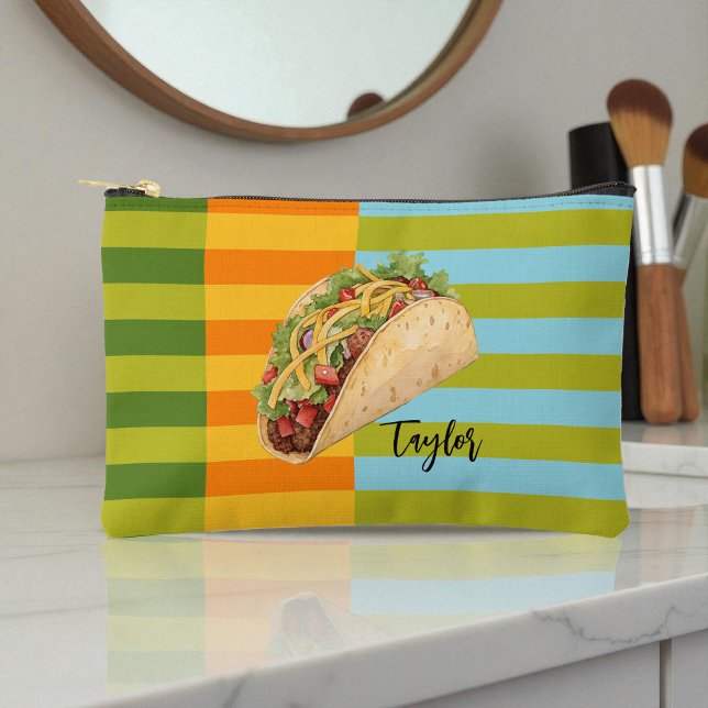 Colorful Retro Stripes Taco with Name Accessory Pouch (Creator Uploaded)