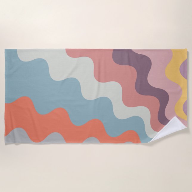 Colorful retro style diagonal waves beach towel (Front)