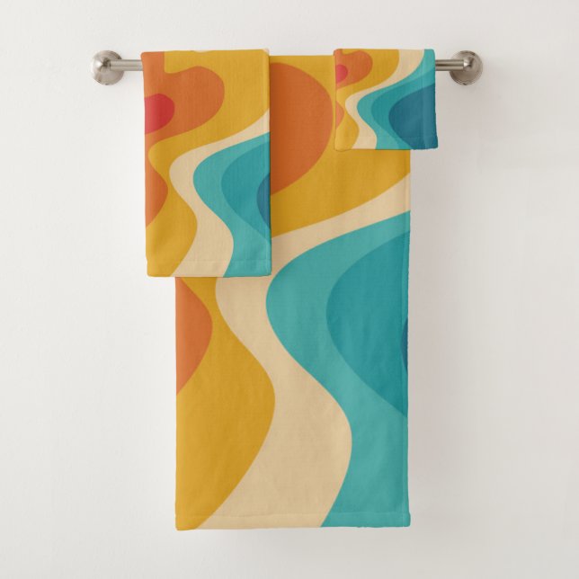 Colorful retro style swirl design bath towel set (Insitu)