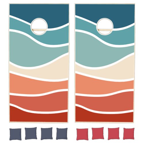 Colorful retro style waves cornhole set