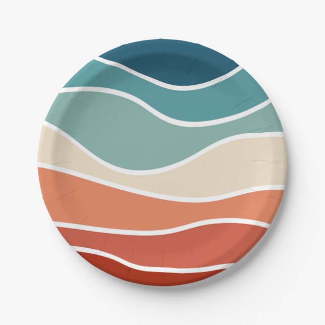Colorful retro style waves paper plates (Front)