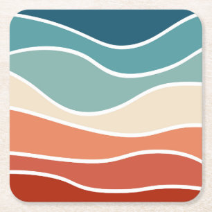 Colorful retro style waves square paper coaster
