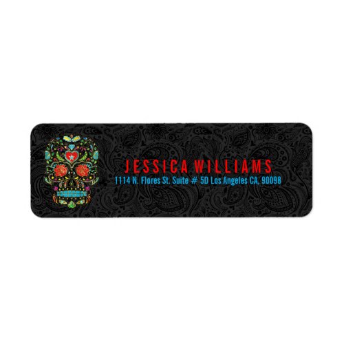 Colorful Retro Sugar Skull 3 On Black Damasks Label