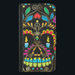 Colorful Retro Sugar Skull Glitter Accents Wallet Phone Case For Samsung Galaxy S5<br><div class="desc">Cool colorful retro floral sugar skull glitter texture look with gold tones accents with burning candles for eyes. Black background</div>