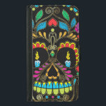 Colorful Retro Sugar Skull Glitter Accents Wallet Phone Case For Samsung Galaxy S5<br><div class="desc">Cool colorful retro floral sugar skull glitter texture look with gold tones accents with burning candles for eyes. Black background</div>