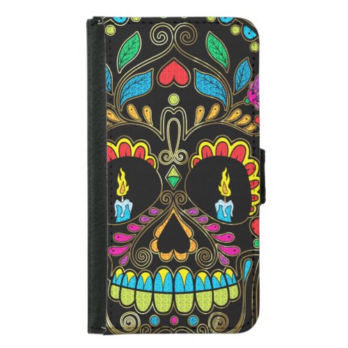 Colorful Retro Sugar Skull Glitter Accents Wallet Phone Case For Samsung Galaxy S5