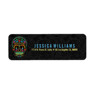 Colorful Retro Sugar Skull On Black Label