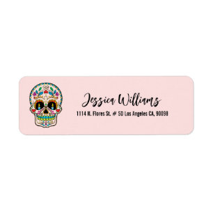 Colorful Retro Sugar Skull On Pink Label