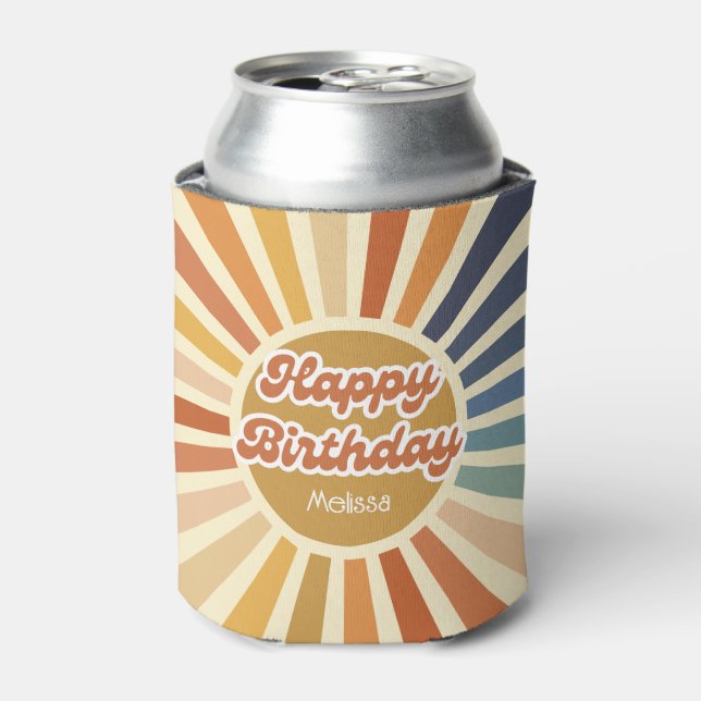 Colorful Retro Sun Groovy Wave Happy Birthday Can Cooler (Can Front)
