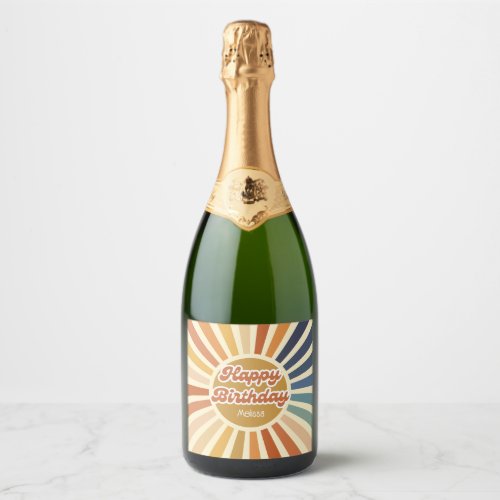 Colorful Retro Sun Groovy Wave Happy Birthday Sparkling Wine Label