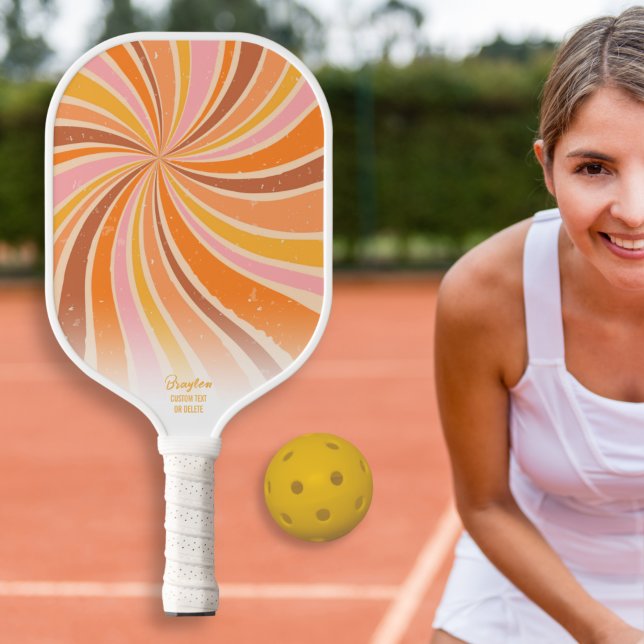 Colorful Retro Sunburst Swirl Custom Text Name Pickleball Paddle (Creator Uploaded)