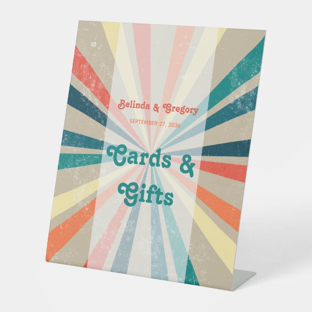 Colorful Retro Sunburst Wedding Cards Gifts Pedestal Sign (Front)