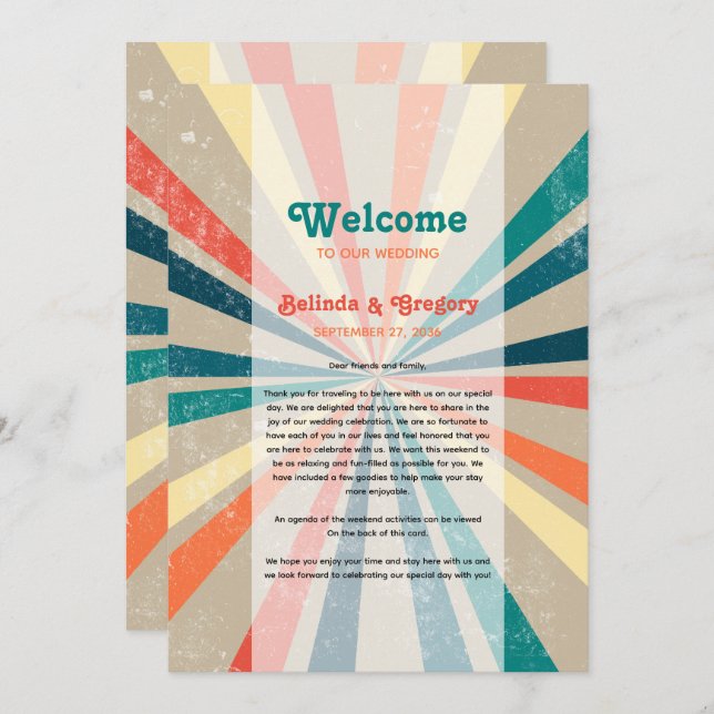 Colorful Retro Sunburst Wedding Itinerary Program (Front/Back)