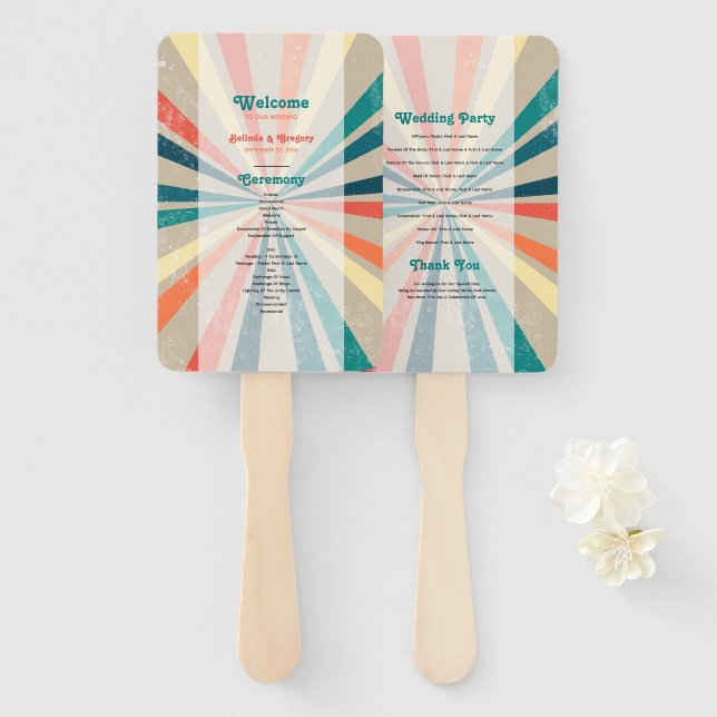 Colorful Retro Sunburst Wedding Program Hand Fan (Front and Back)