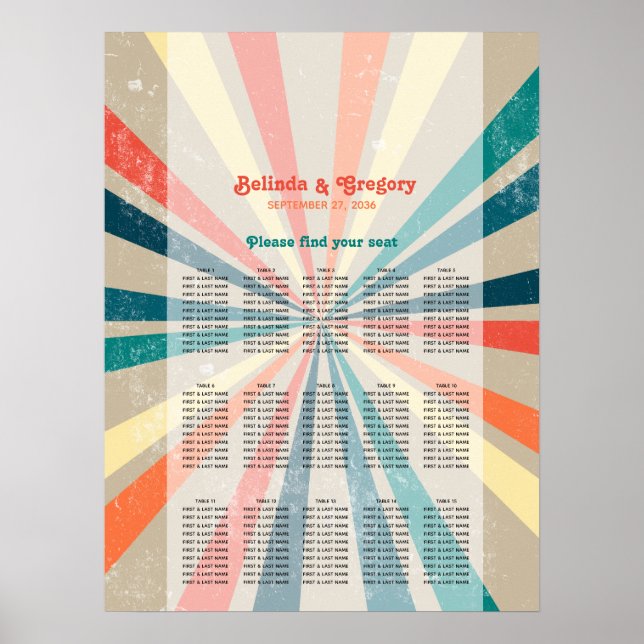Colorful Retro Sunburst Wedding Seating Chart (Front)