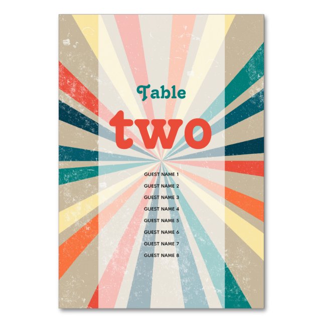 Colorful Retro Sunburst Wedding Table Number (Front)