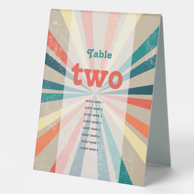 Colorful Retro Sunburst Wedding Table Number Table Tent (Front)