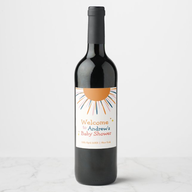 Colorful Retro Sunshine Baby Shower Welcome Wine Label (Front)