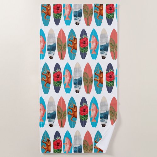 Colorful Retro Surfboards Pattern Beach Towel