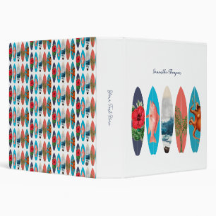 Colorful Retro Surfboards Pattern Custom Name 3 Ring Binder