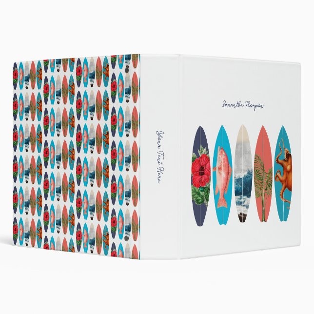 Colorful Retro Surfboards Pattern Custom Name 3 Ring Binder (Background)