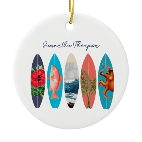 Colorful Retro Surfboards Pattern Custom Name Ceramic Ornament