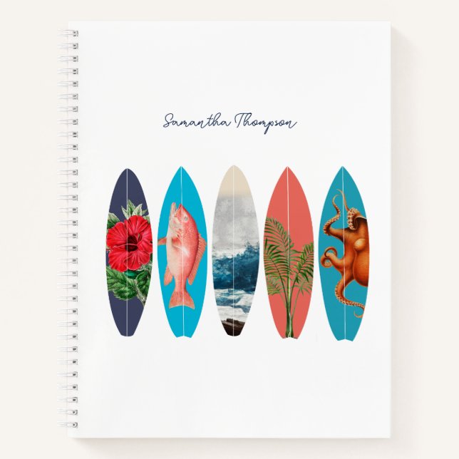 Colorful Retro Surfboards Pattern Custom Name Notebook (Front)