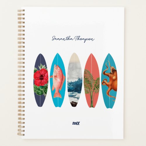 Colorful Retro Surfboards Pattern Custom Name Planner