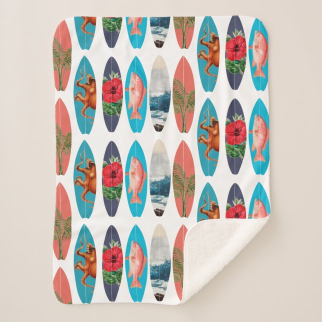 Colorful Retro Surfboards Pattern Sherpa Blanket (Front)