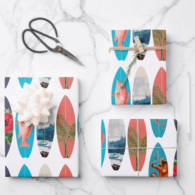 Colorful Retro Surfboards Pattern Wrapping Paper Sheets (Front)