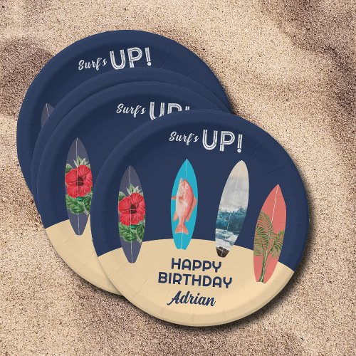 Colorful Retro Surfboards Surfs Up Birthday Party Paper Plates