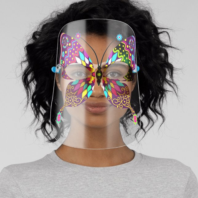 Colorful retro swirls butterfly face shield (Insitu)
