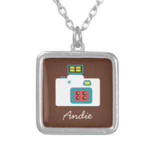 Colorful Retro Toy Camera (White / Brown / Blue) Silver Plated Necklace