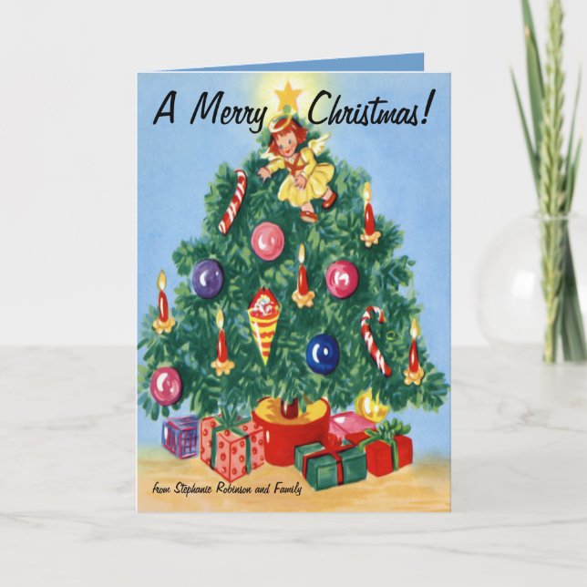 Colorful Retro Tree Personalized Christmas Cards (Front)