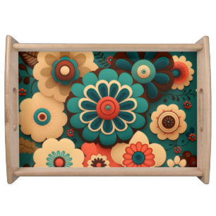 Colorful retro vintage flowers serving tray